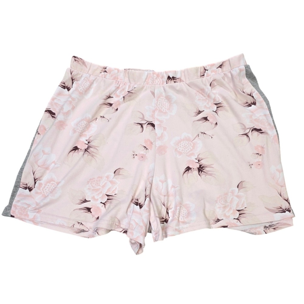 Tahari Floral Pajama Shorts Women's Size M Pink Grey Ribbed Side Panel Relaxed